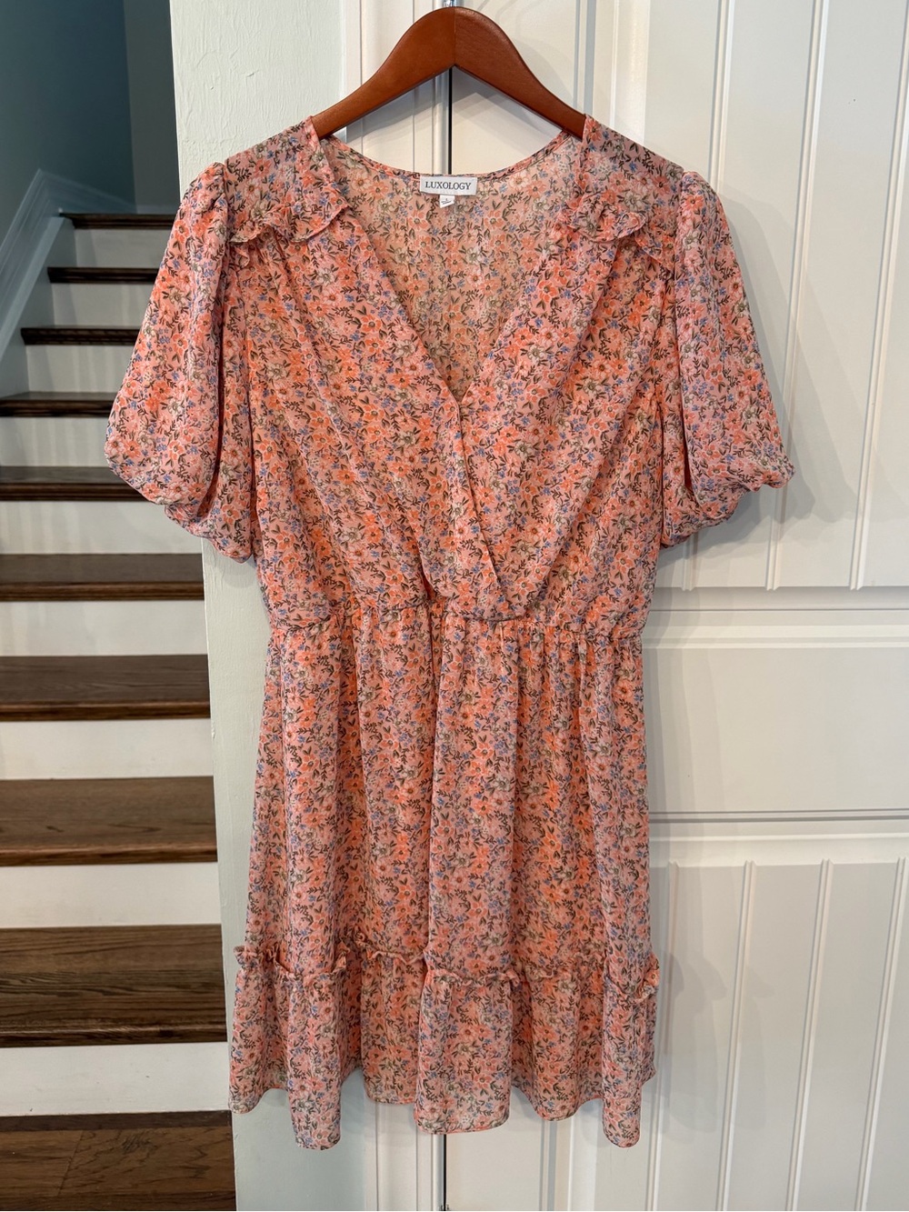 Luxology Pink Floral Cottagecore Dress with Ruffles Size Large